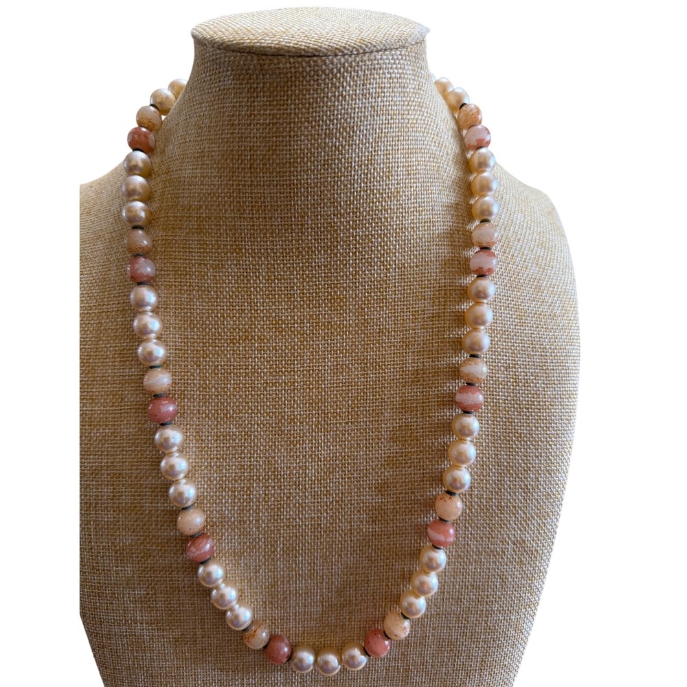 Handcrafted Pink Marbled Stone and Cream Faux Pearl Beaded Strand Necklace